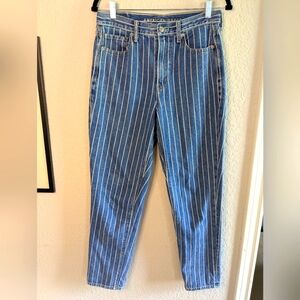 American Eagle Mom Jean Railroad Stripe High Waisted 5 Pocket Size 6 Blue White